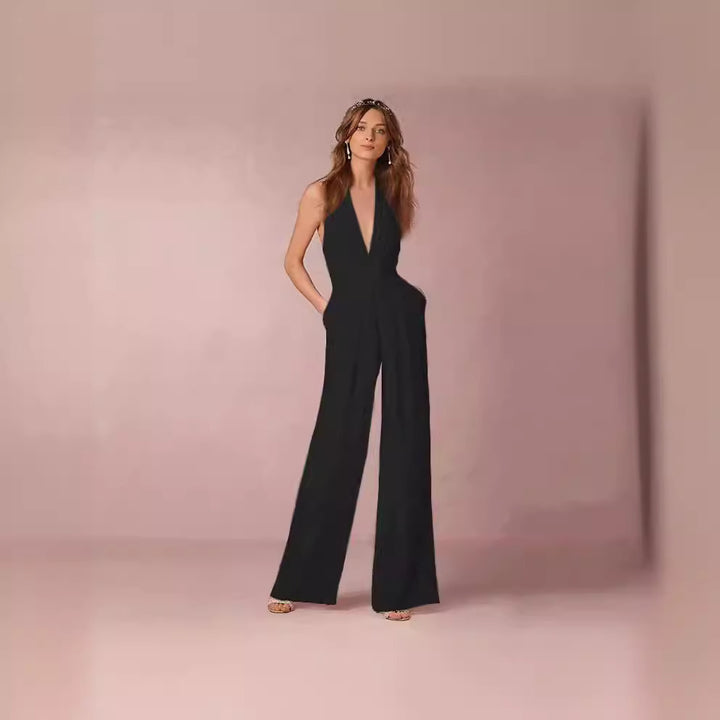 Damen Eleganter Jumpsuit mit tiefem V-Ausschnitt und weitem Bein Drune