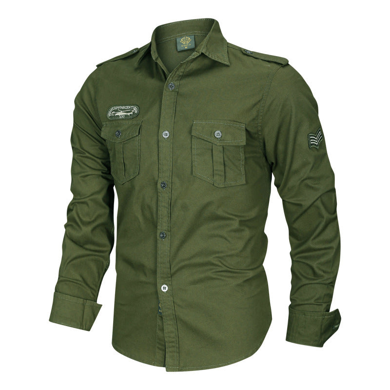Herren nan tailliertes Fieldhemd aus Baumwoll-Twill mit Schulterklappen, Brustpatten und gestickten Abzeichen Drune