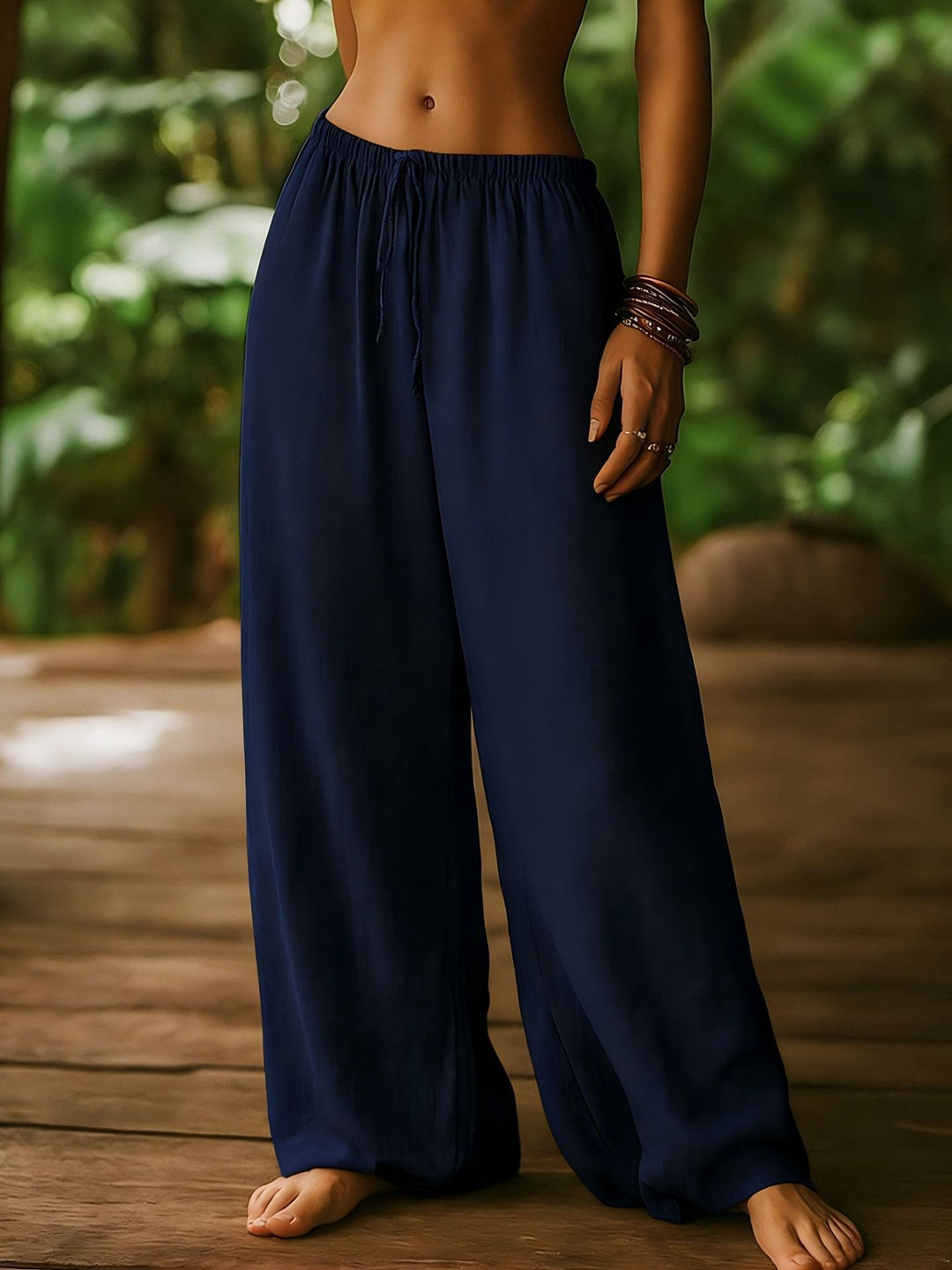 Damen Weit geschnittene Sommer-Hose mit elastischem Bund und Kordelzug Drune