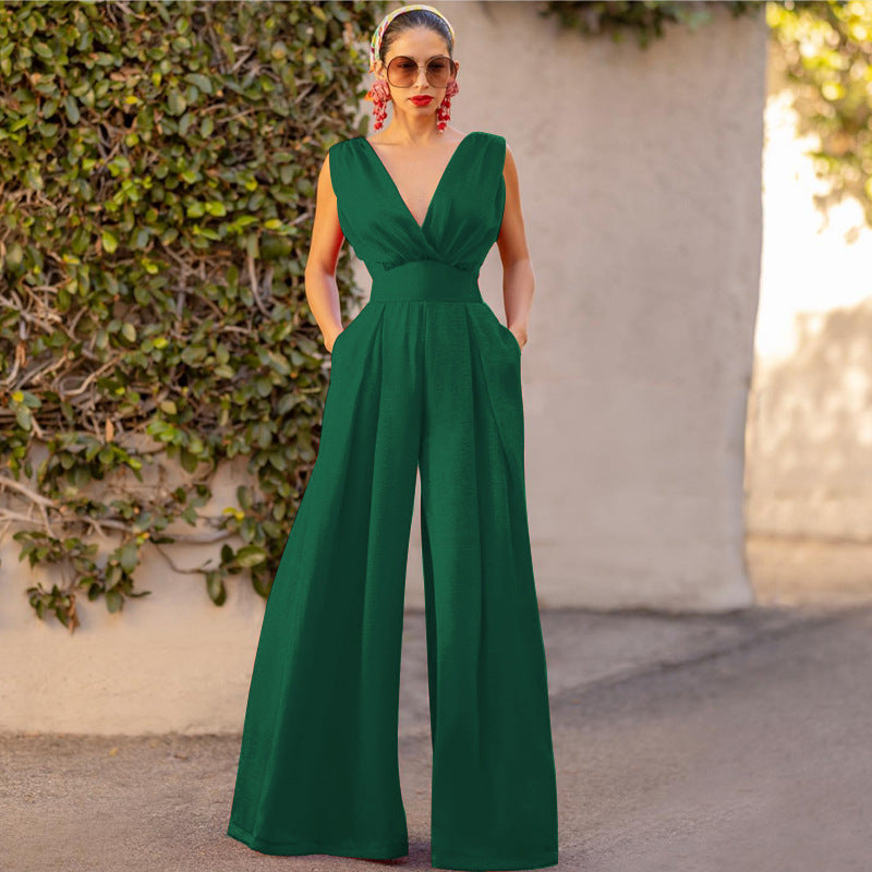 Drune | Jumpsuit Hohe Taille Ärmellos Tiefer V-ausschnitt Weite Beinform Elegante Passform
