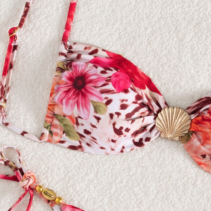 Damen Bandeau-Bikini mit floralem Design und goldenen Akzenten Drune