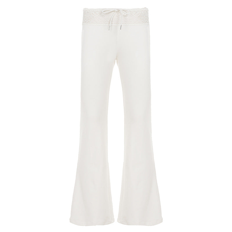 Damen lässige Flared-Loungehose mit verstellbarem Bund und Spitzenakzenten Drune