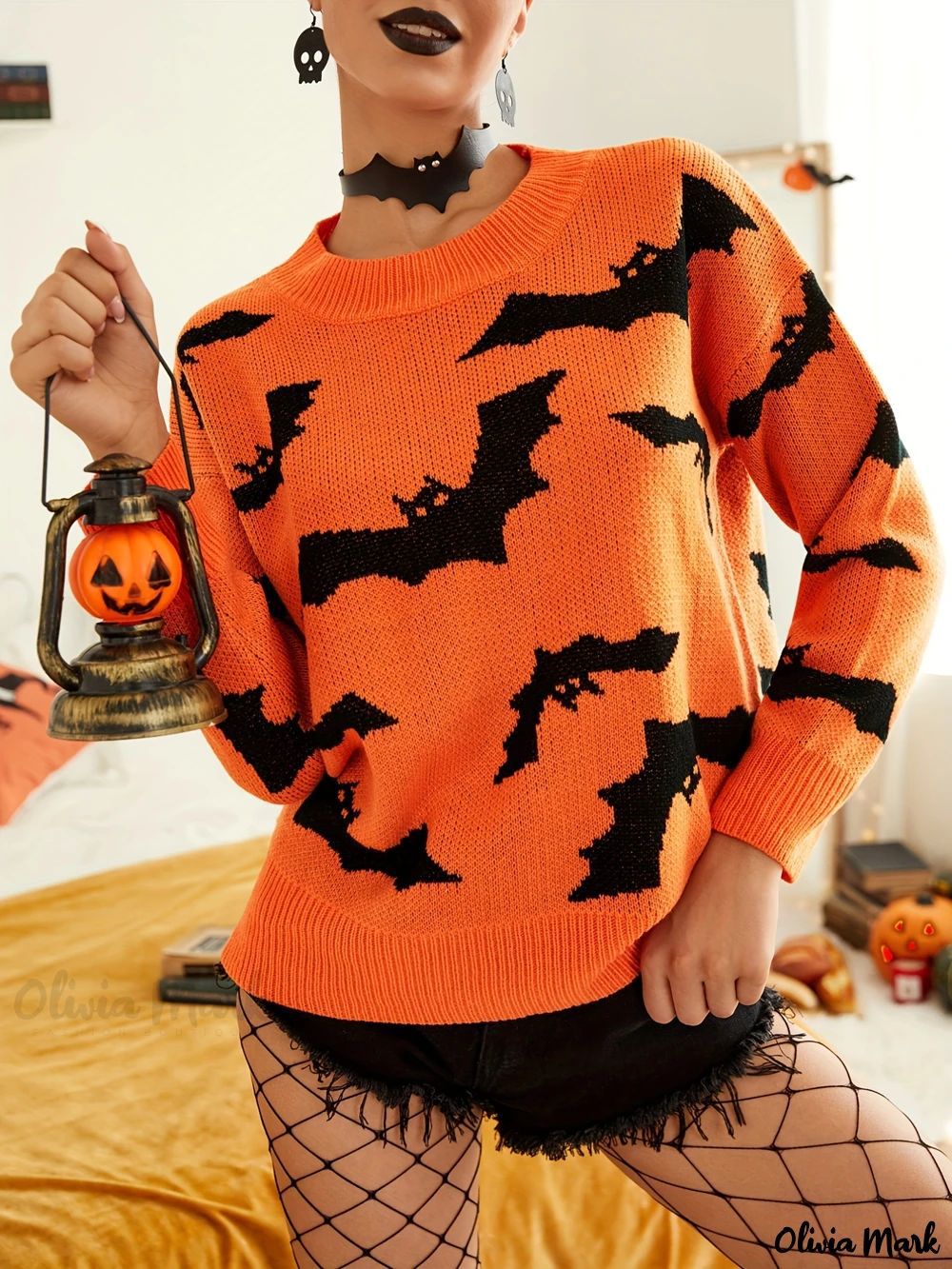 Damen Halloween Pullover mit lustigem Fledermaus-Muster Drune