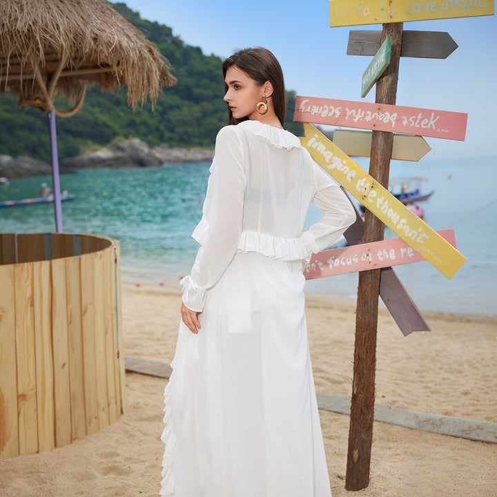 Damen elegantes transparentes Strandkleid mit Rüschen Drune