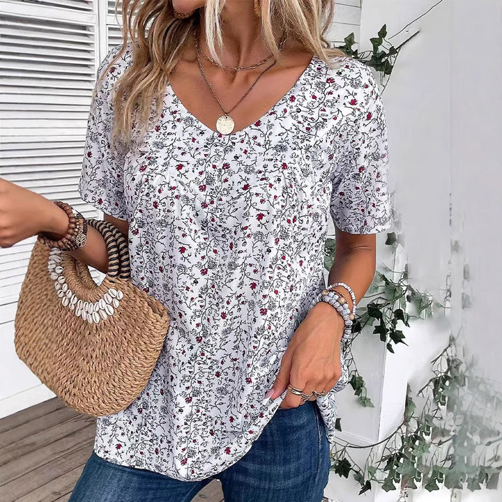 Damen nan lässiges Kurzarm-Tunika-Shirt mit Rundhalsausschnitt, zartem Blumenallover und dekorativen Brustfalten Drune