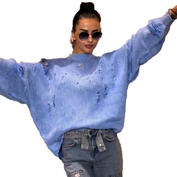 Damen lässiger Pullover mit modischem Rissdesign und voluminösen Ärmeln Drune