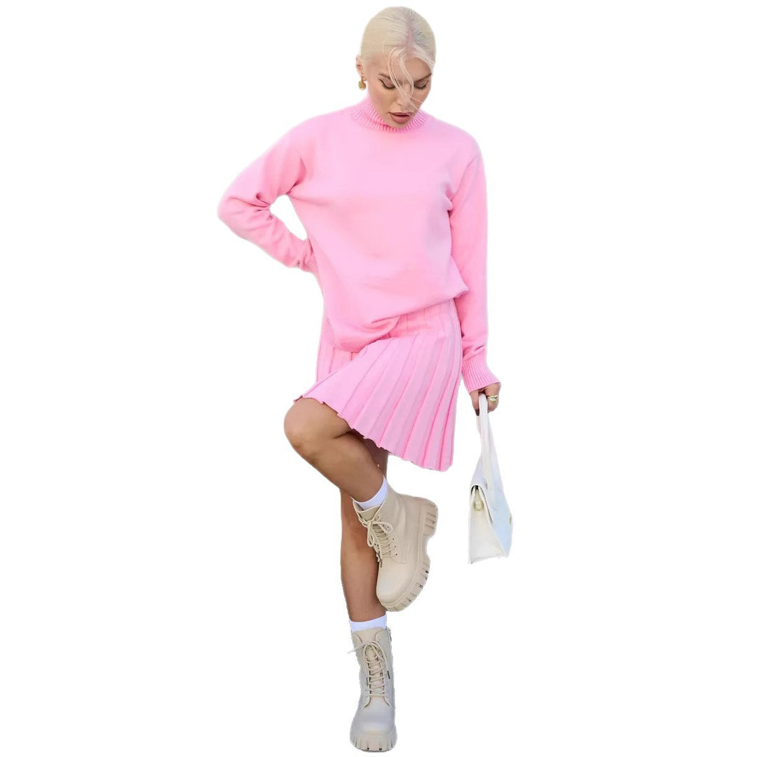 Damen Strickpullover mit hohem Kragen und plissiertem Rock Drune