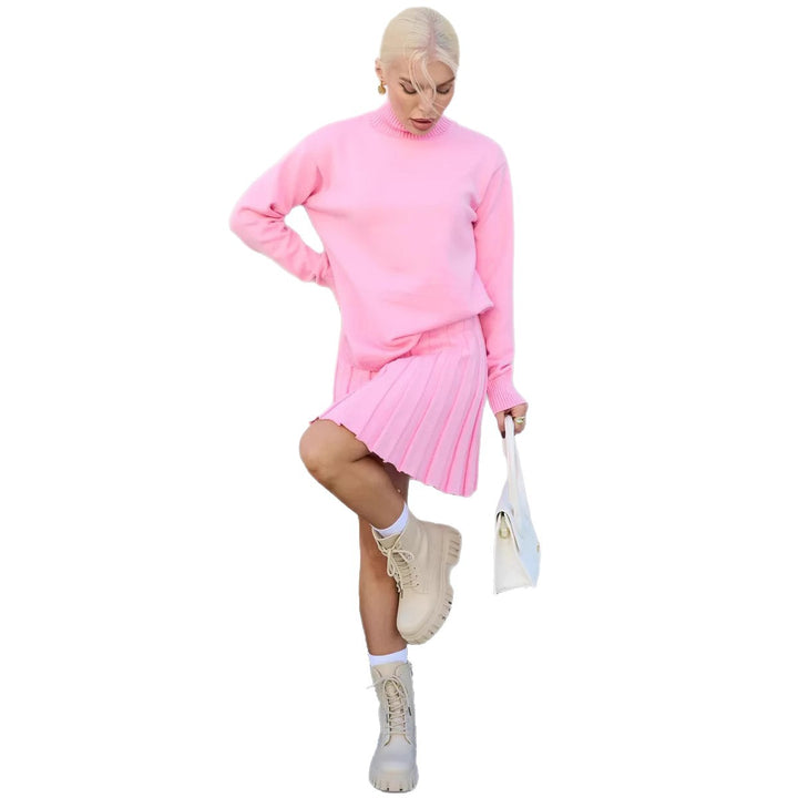 Damen Strickpullover mit hohem Kragen und plissiertem Rock Drune