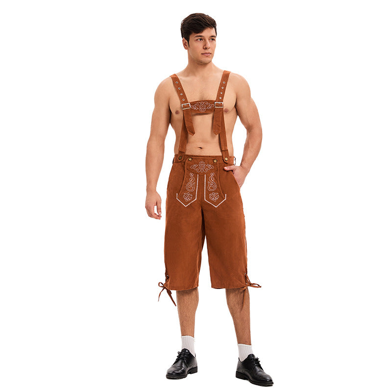 Herren nan traditionelle kurze Trachtenlederhose mit bestickten verstellbaren Hosenträgern Drune