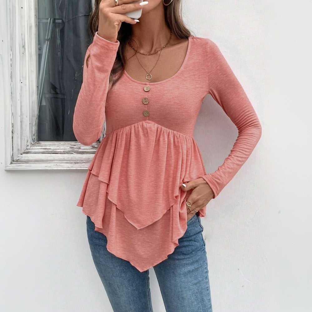 Damen Langarm-Blusenshirt mit Rüschendetails und Knopfleiste Drune