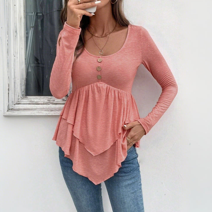Damen Langarm-Blusenshirt mit Rüschendetails und Knopfleiste Drune