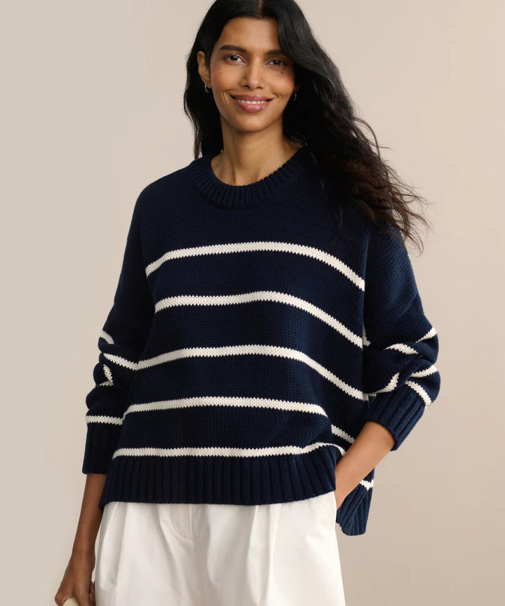 Damen lässiger Strickpullover mit breiten Streifen und Rundhalsausschnitt Drune