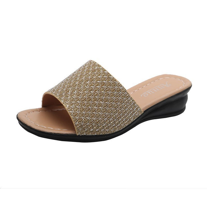 Damen nan Glitzerslipper mit breiter Riemenfront, offenem Zehenbereich, gepolstertem Komfortfußbett und leichtem Keilabsatz Drune