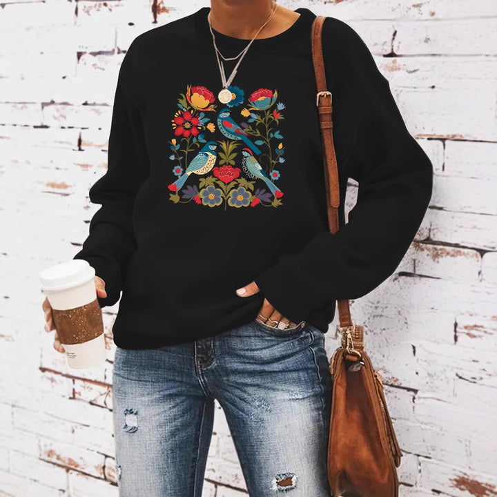 Damen Sweatshirt mit floralem Vogelmotiv und lässigem Schnitt Drune