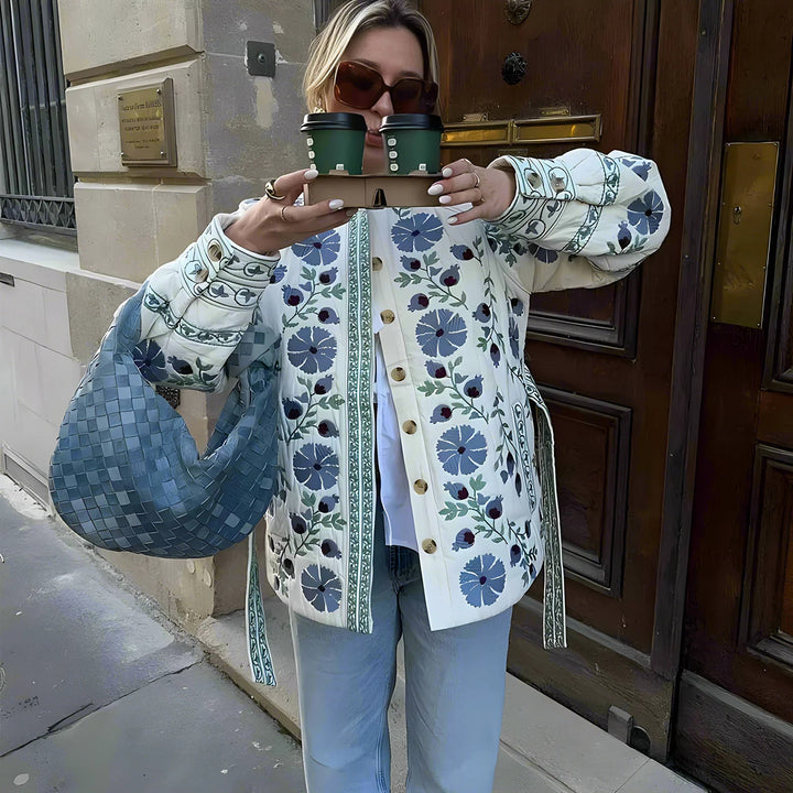 Damen leichte Bluse mit floralem Muster und dekorativem Bindegürtel Drune