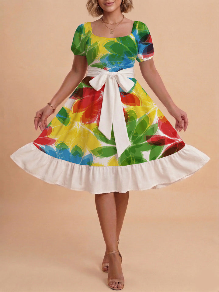 Damen Sommerkleid mit floralem Puffärmel und taillierbarem Gürtel Drune