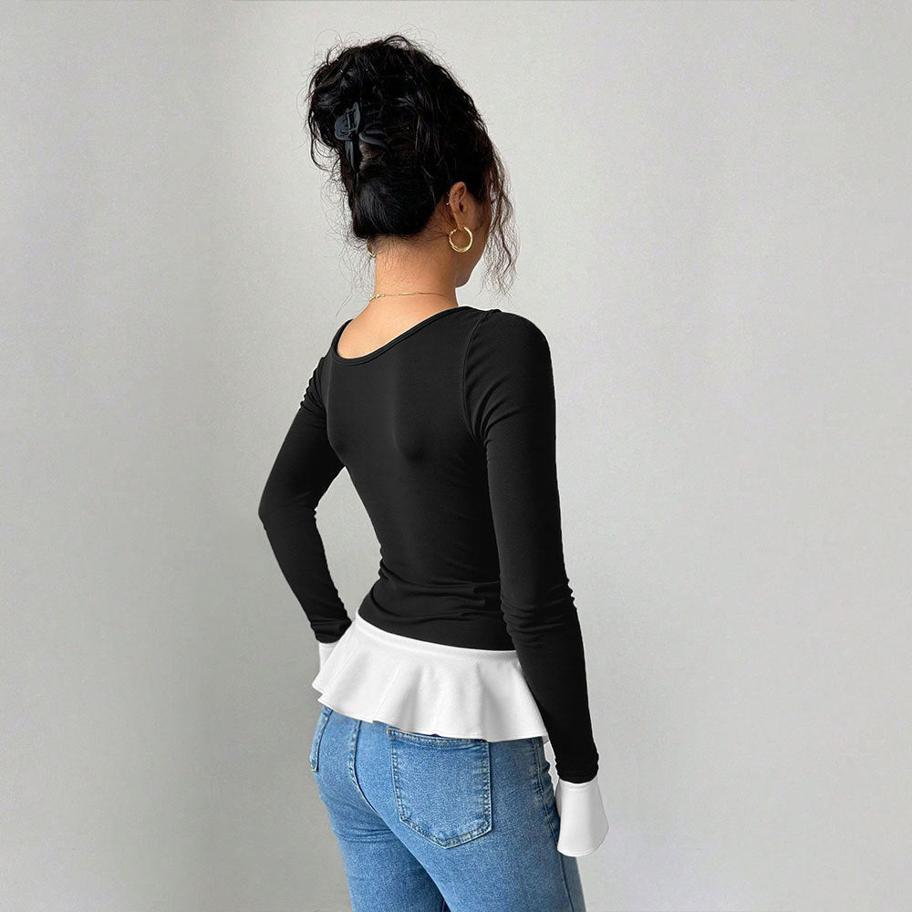 Damen Off-Shoulder Top mit modischem Volant und dekorativem Bindeelement Drune