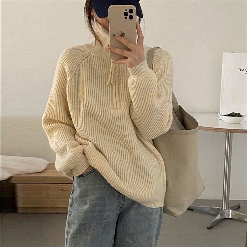 Damen Leichter Strickpullover mit hohem Kragen und dekorativem Reißverschluss Drune