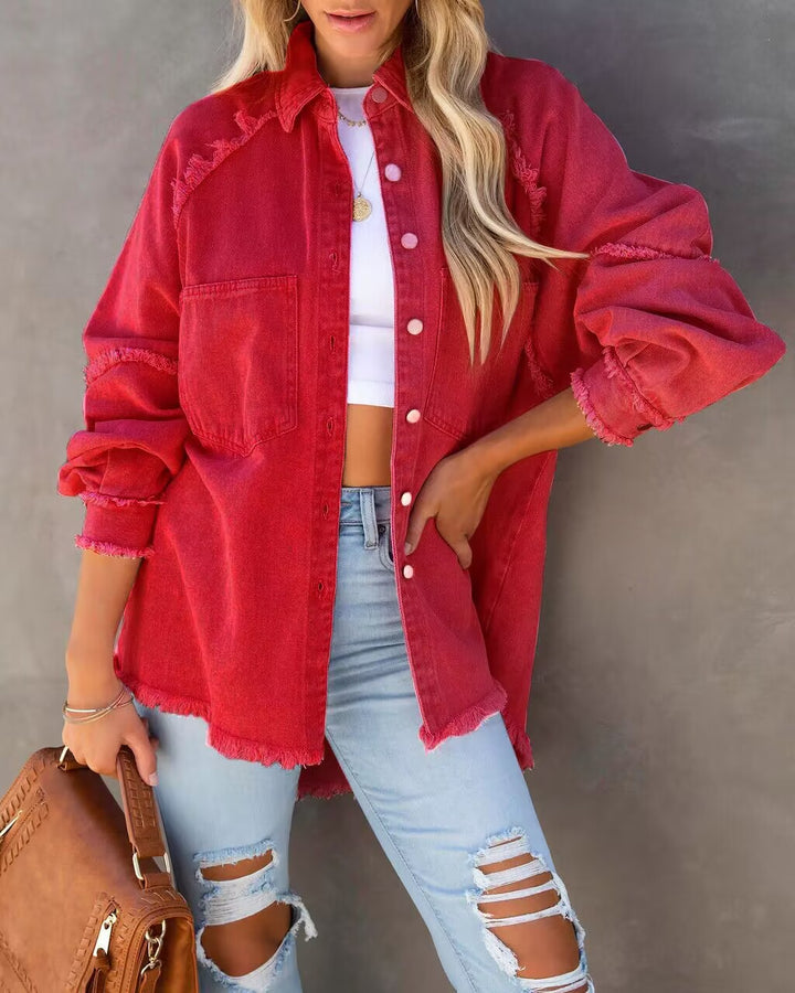 Damen übergroße Denim-Hemdenjacke mit fransigen Details Drune