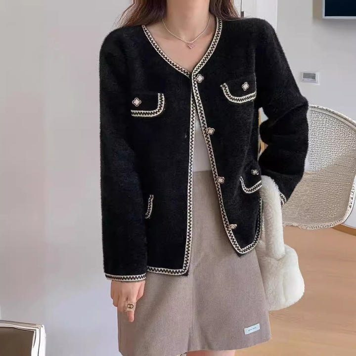 Damen elegante Strickjacke mit Kontrastnähten und Taschen Drune