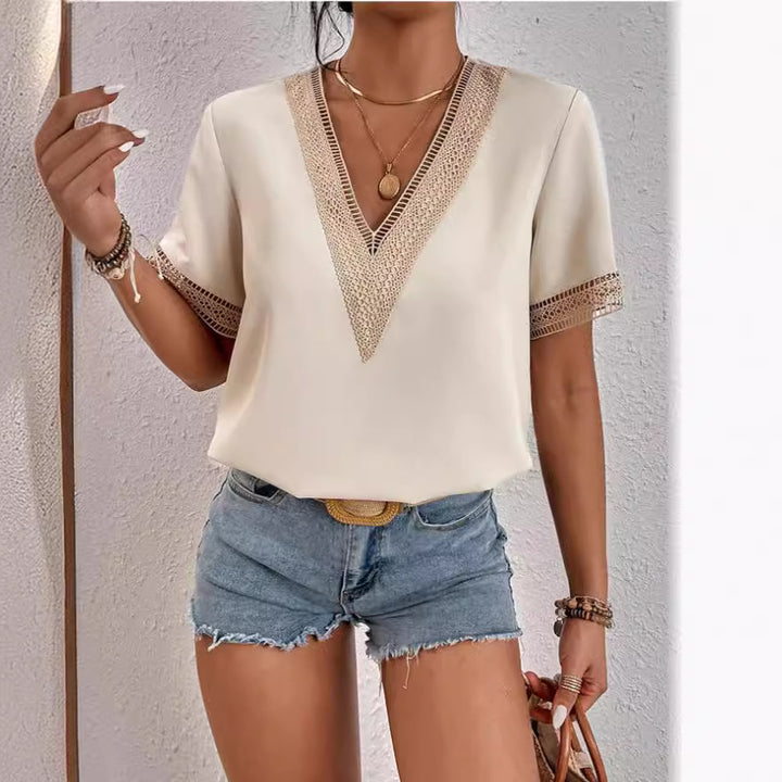 Damen Modische Bluse mit V-Ausschnitt und Spitzenbesatz Drune