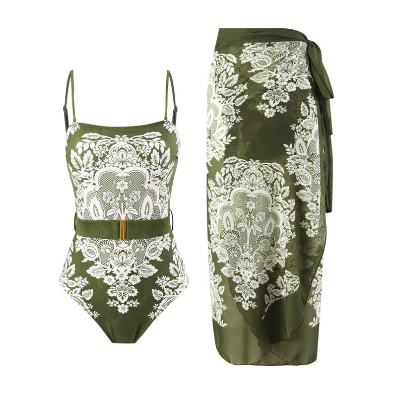 Damen modischer Einteiler Badeanzug mit elegantem Wickelrock und floralem Muster Drune