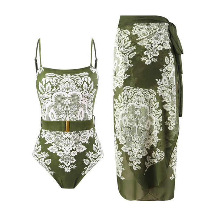 Damen modischer Einteiler Badeanzug mit elegantem Wickelrock und floralem Muster Drune
