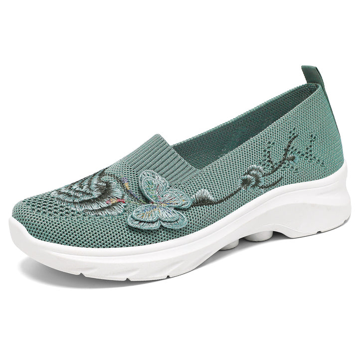 Damen nan gestrickte Slip-On Slipper mit Schmetterlings-Stickapplikation und dämpfender EVA-Plateausohle Drune