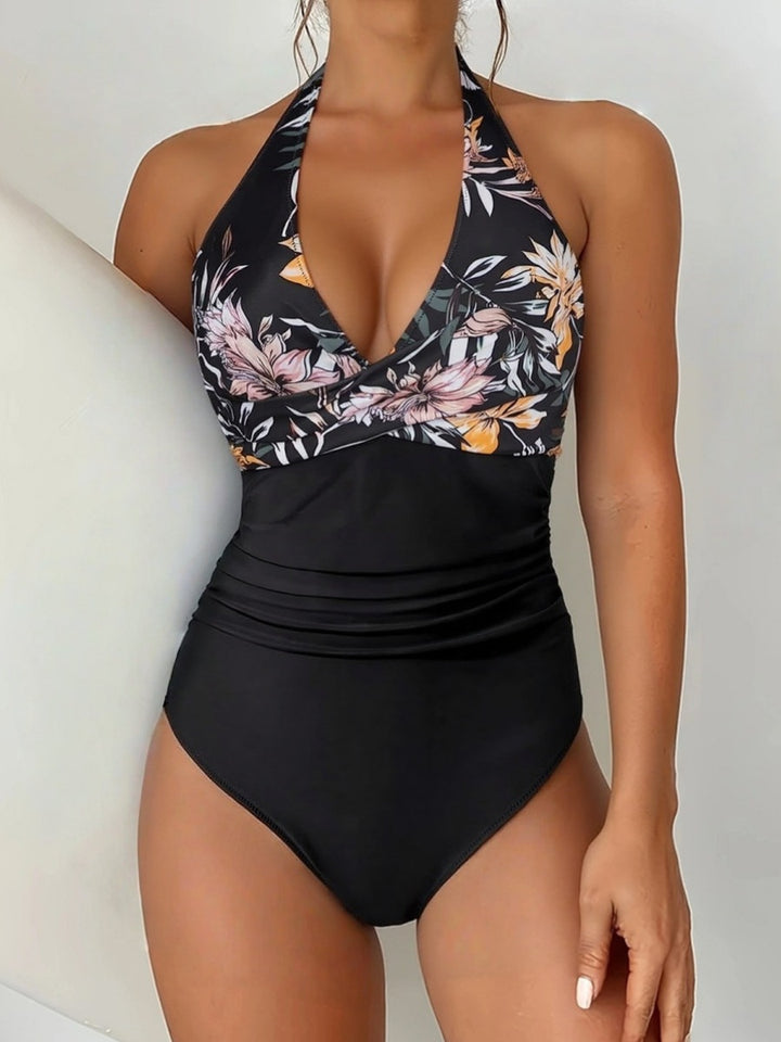 Damen Eleganter V-Ausschnitt Einteiler Badeanzug mit floralen Akzenten Drune