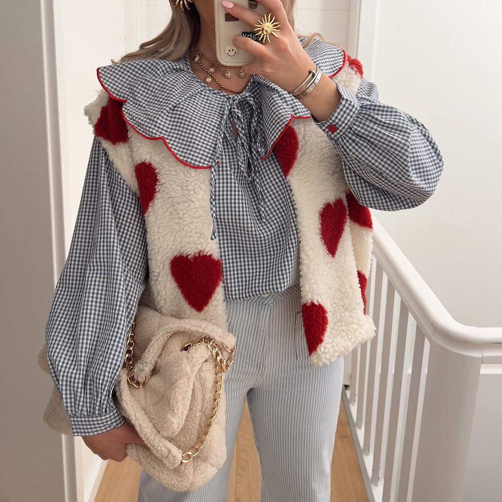 Damen Bluse mit Rüschensaum und Karomuster Drune