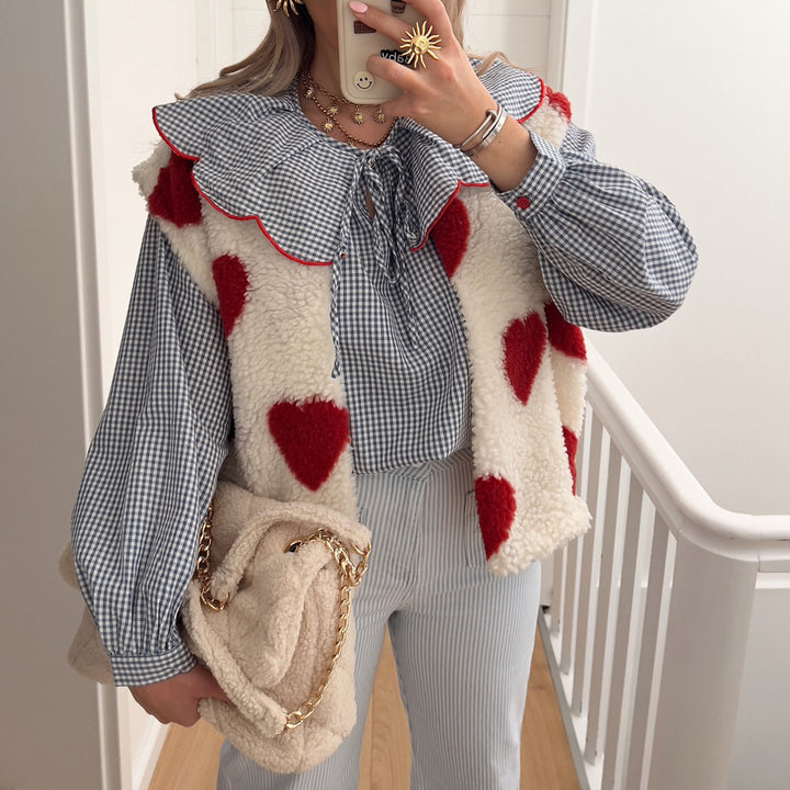 Damen Bluse mit Rüschensaum und Karomuster Drune