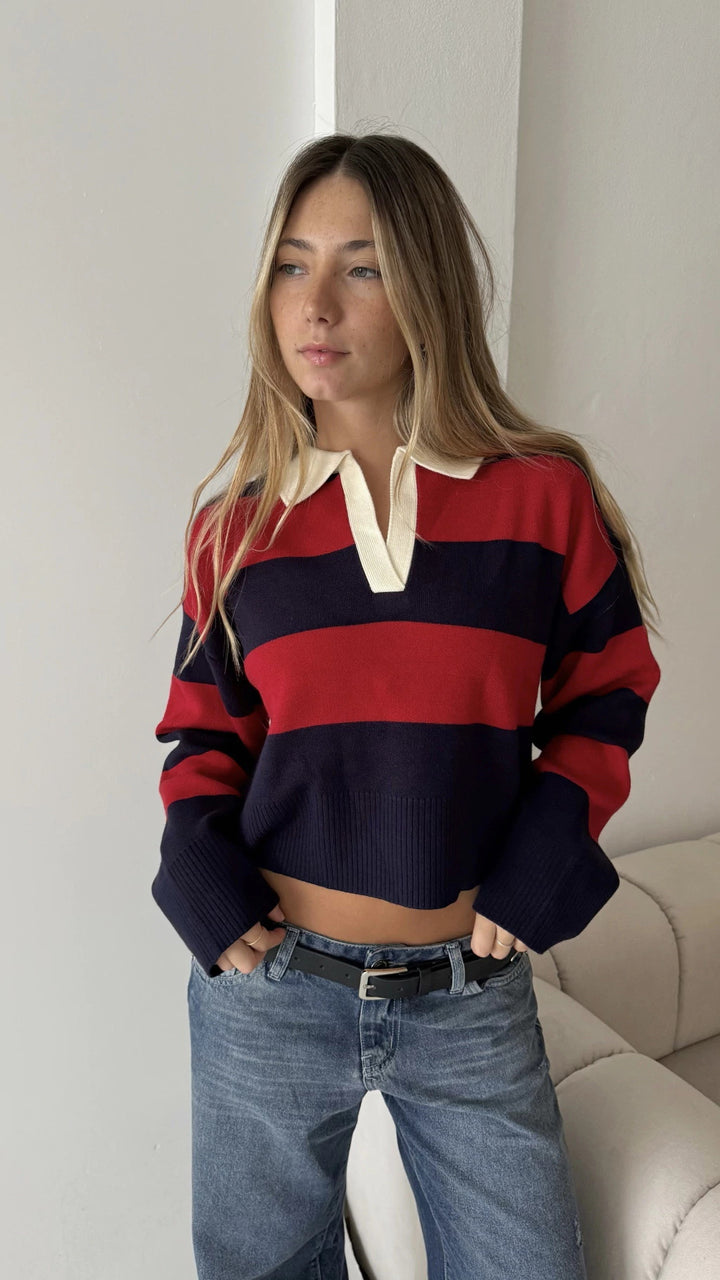 Damen cropped Pullover mit modernem Streifenmuster und sportlichem Kragen Drune