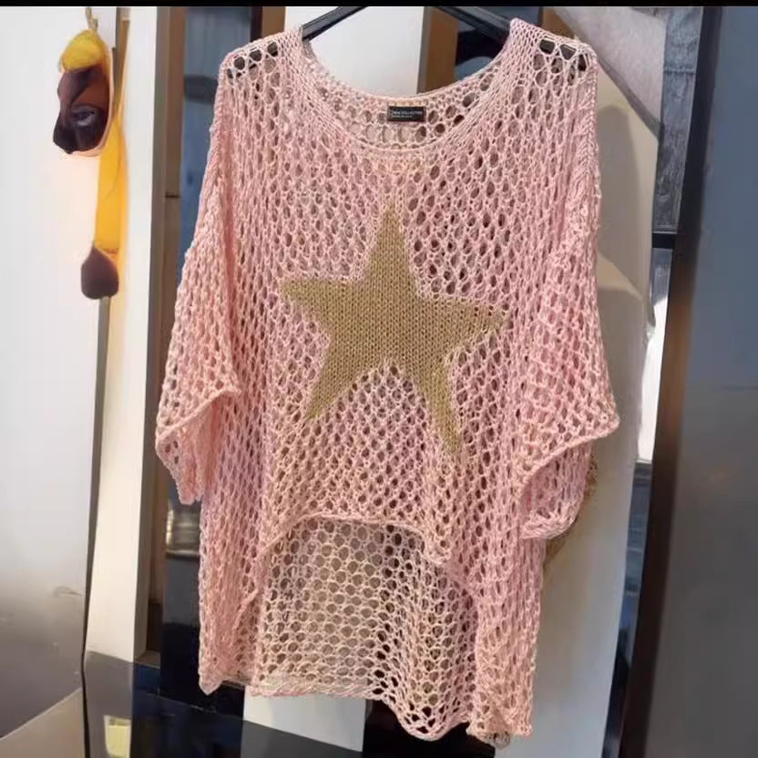 Damen nan oversized gehäkelter Pullover mit Sternapplikation und 3/4-Ärmeln Drune