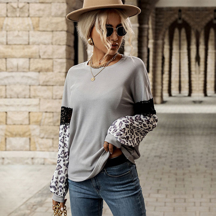Damen modischer Pullover mit floralen Spitzenärmeln und dezente Leopardenmuster Drune