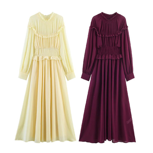 Damen Maxikleid mit voluminösen Rüschendetails und schmalem Gürtel Drune