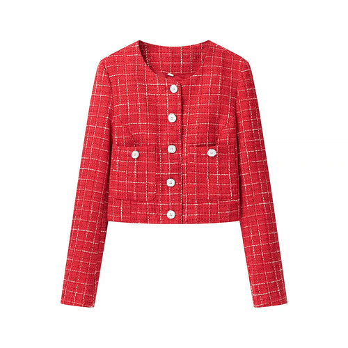 Damen Kurzjacke im klassischen Karomuster mit dekorativen Knöpfen Drune