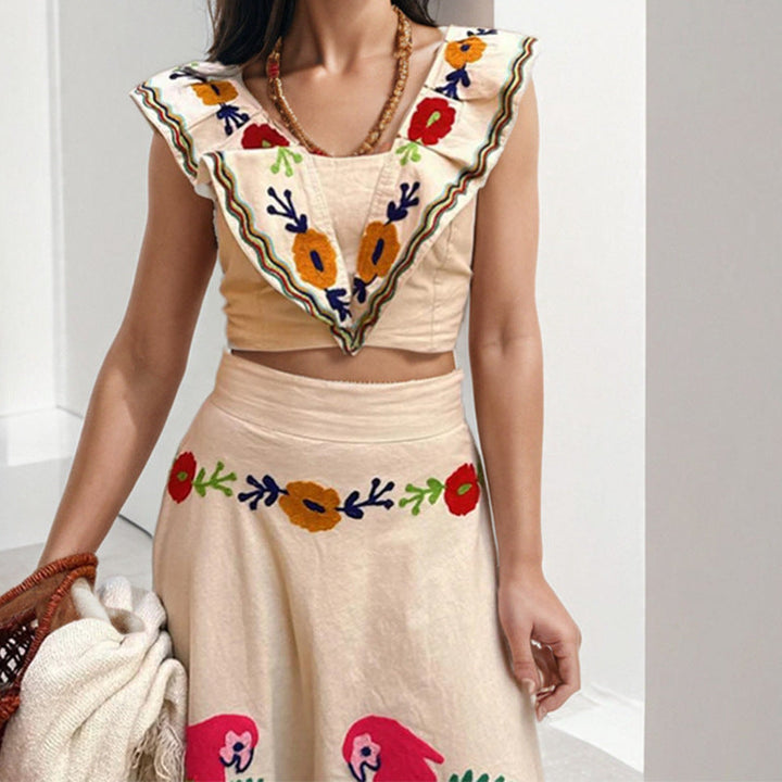 Damen Ethno-Inspiriertes Maxikleid mit Buntem Stickdesign und Volant Drune