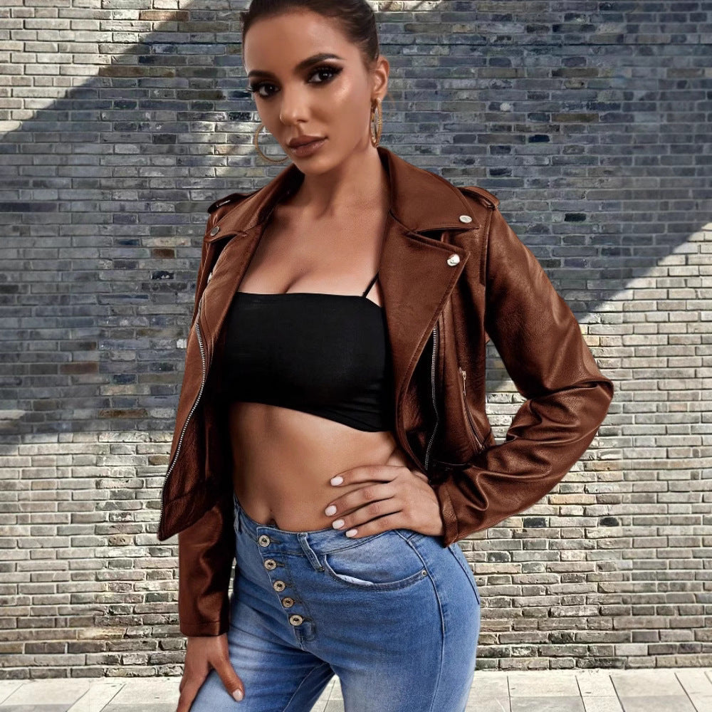 Damen modische Bikerjacke aus Kunstleder mit stilvollem Reißverschluss Drune