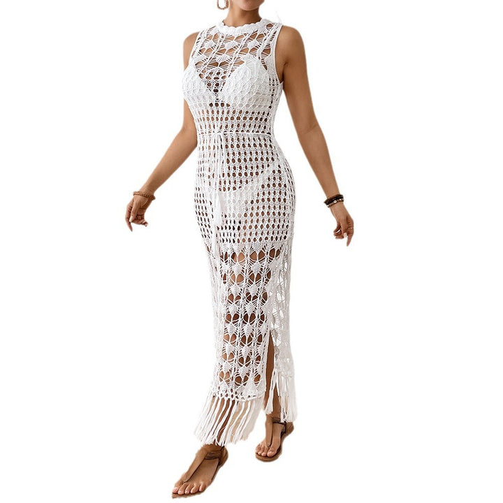 Damen gehäkeltes Strandkleid mit tiefem Schlitz und fransigen Akzenten Drune