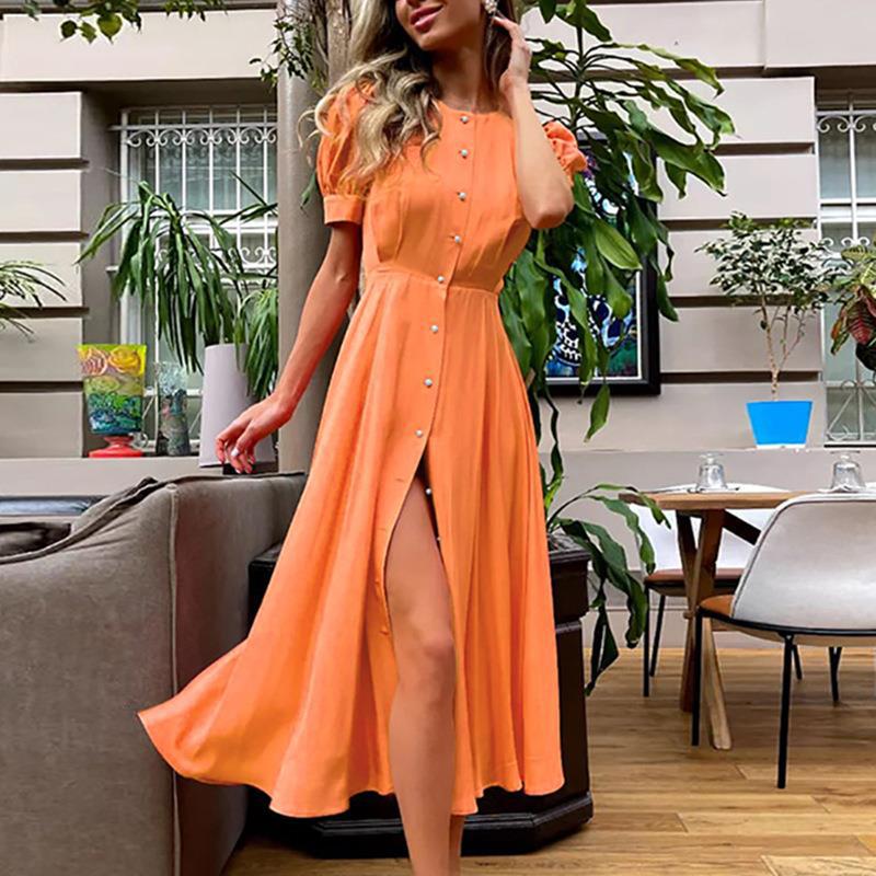 Damen Elegantes Maxikleid mit durchgehender Knopfleiste und asymmetrischem Schlitz Drune
