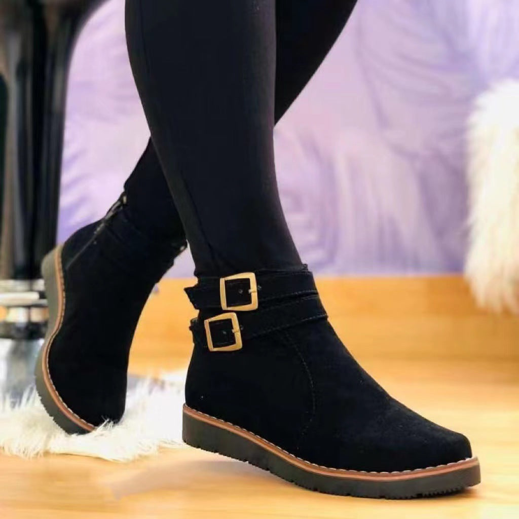Damen nan Wildlederoptik Ankleboot mit doppelter Zierschnalle, seitlichem Reißverschluss und rutschfester Profilsohle Drune