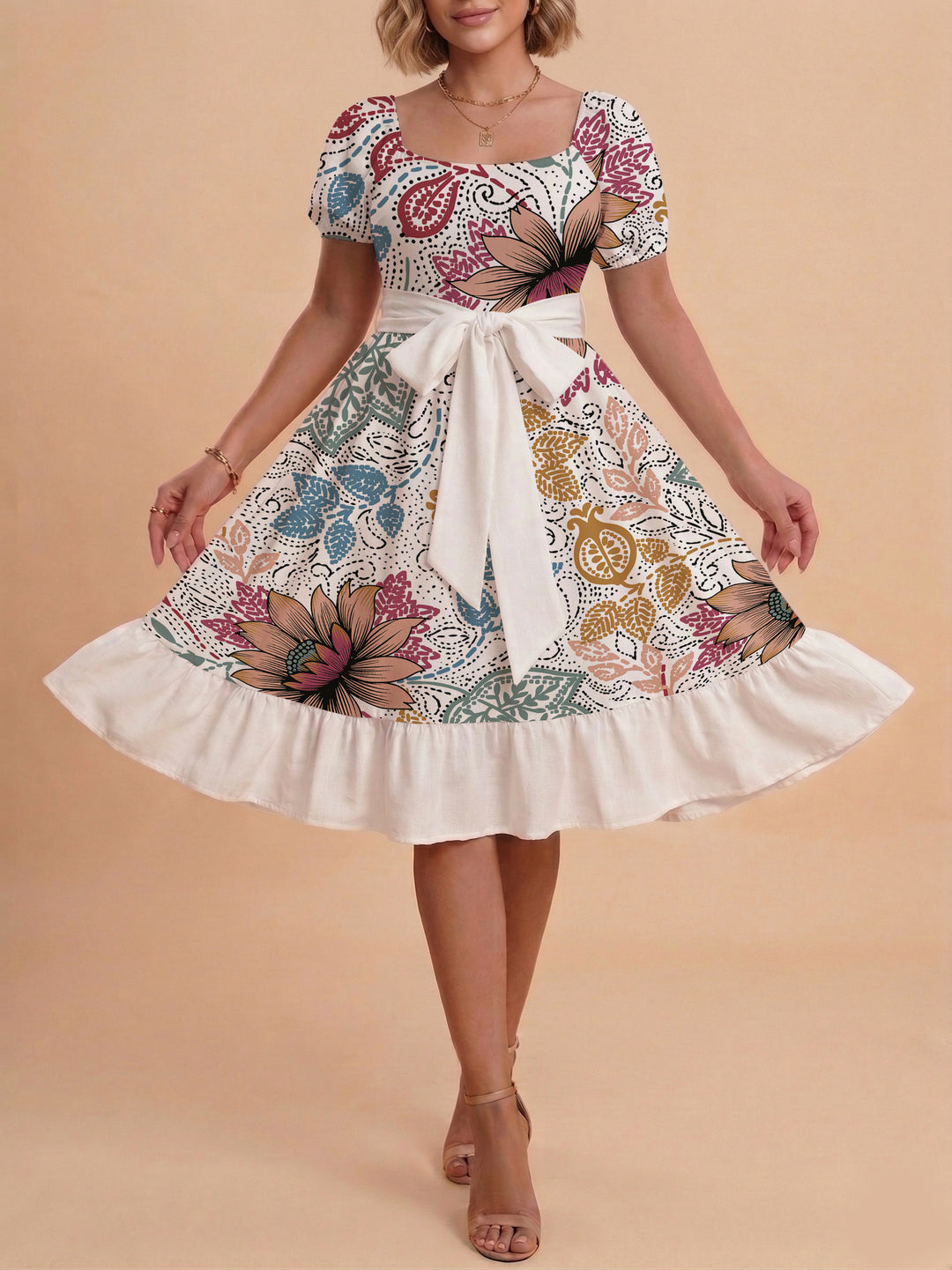 Damen modernes Blumenkleid mit elegantem Taillengürtel und asymmetrischem Saum Drune