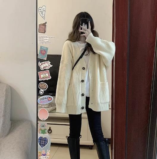 Damen Grobstrick Cardigan mit Taschen und tiefem V-Ausschnitt Drune