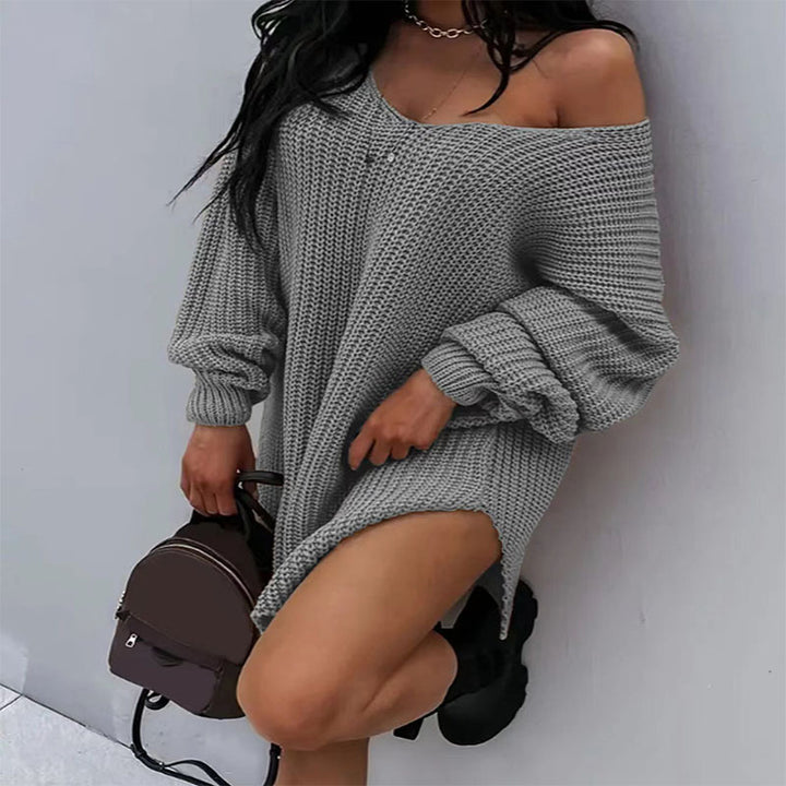 Damen Oversize Strickkleid mit weitem Rundhalsausschnitt und lässiger Passform Drune