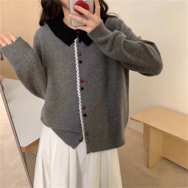 Damen Eleganter Strickcardigan mit Stehkragen und Knopfdetail Drune