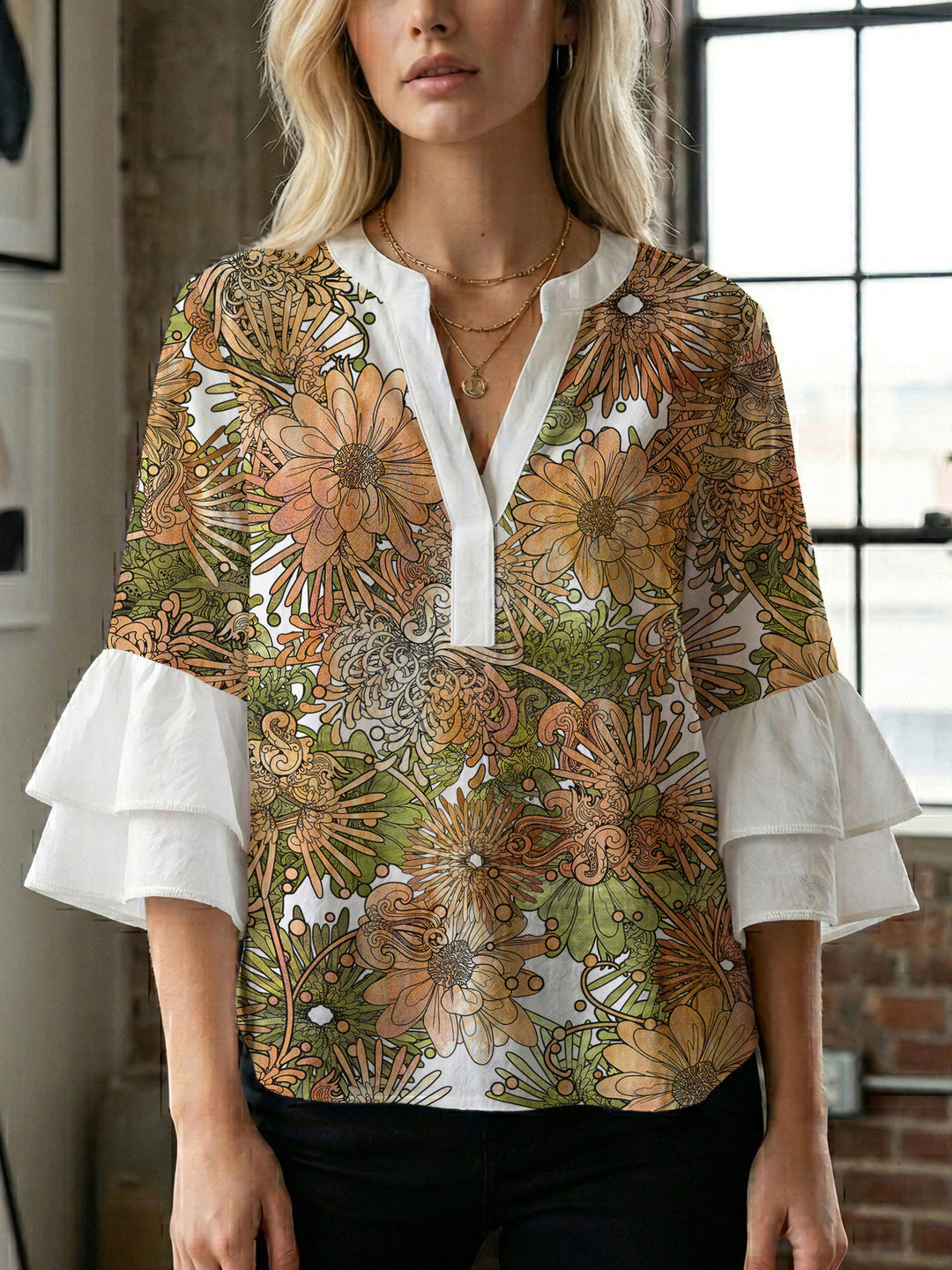 Damen Bluse mit voluminösen Rüschenärmeln und kreativem Floraldesign Drune