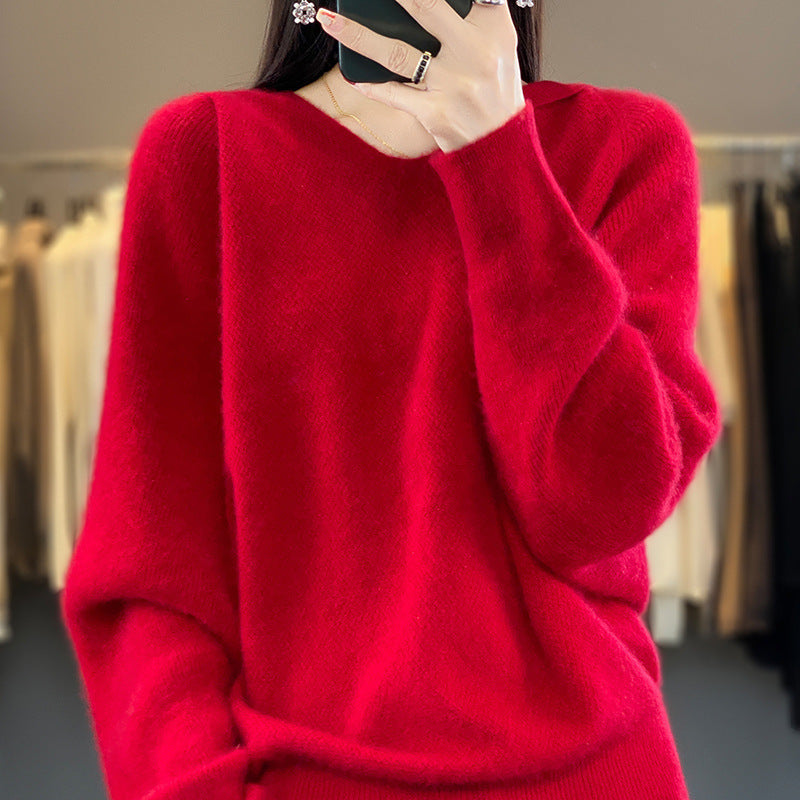 Damen lässiger Pullover mit voluminösen Ärmeln und V-Ausschnitt Drune