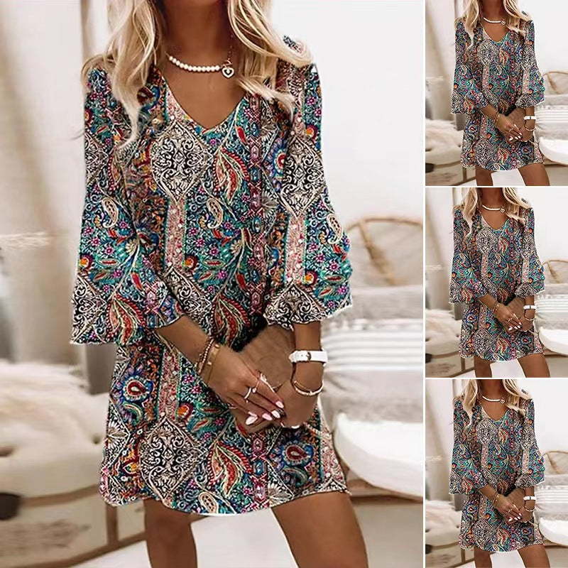 Damen nan Boho-Paisley-Tunikakleid mit V-Ausschnitt und dreiviertel Glockenärmeln Drune