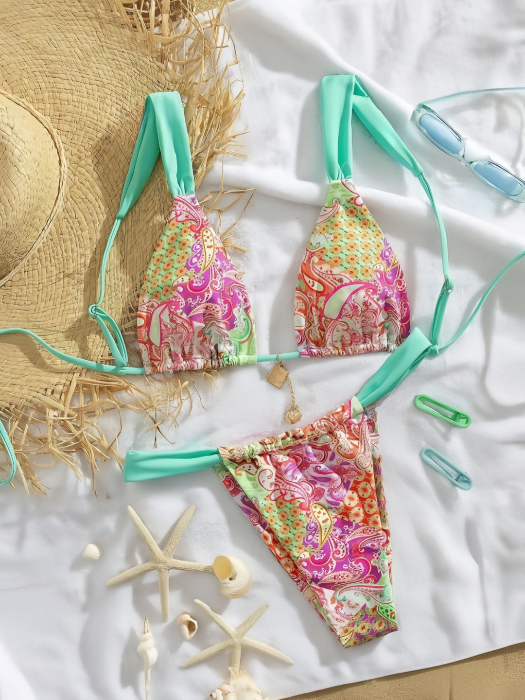 Damen Triangel-Bikini mit buntem Paisleymuster und verstellbaren Trägern Drune