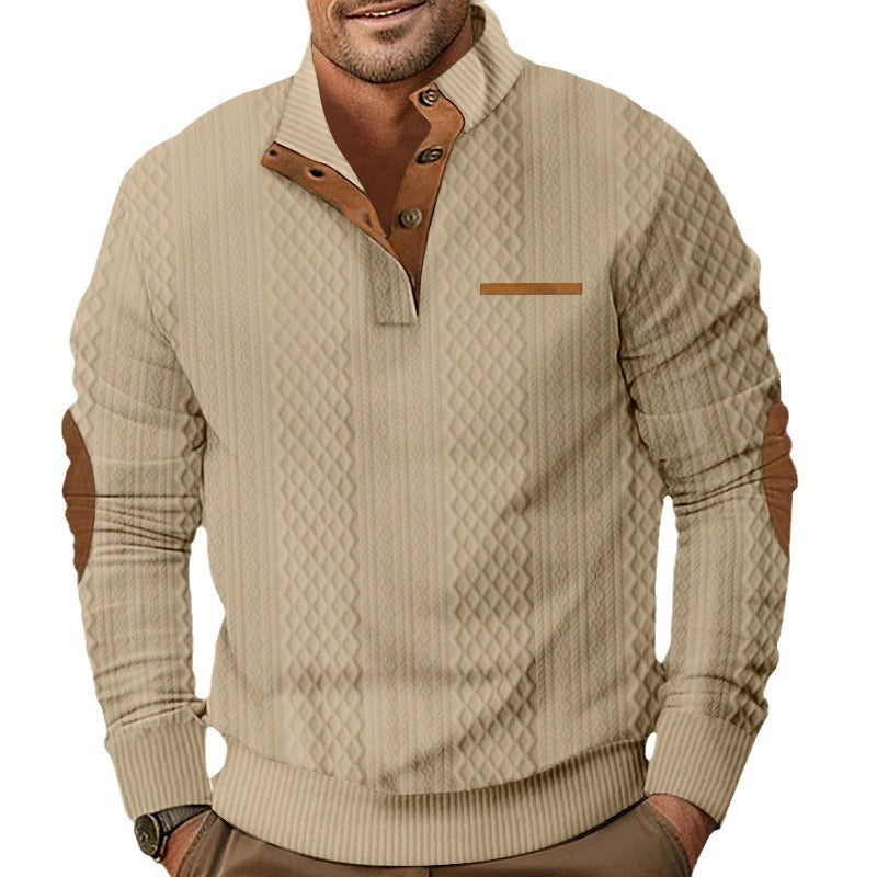 Herren nan strukturierter Stehkragen-Pullover mit halber Knopfleiste und Ellbogen-Patches Drune